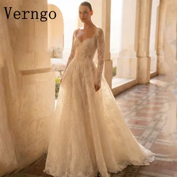 Verngo Luxury Lace Wedding Dress Sweetheart Long Sleeves Bridal Gown Sequined Shiny Wedding Gown Elegant Classic Bride Dress
