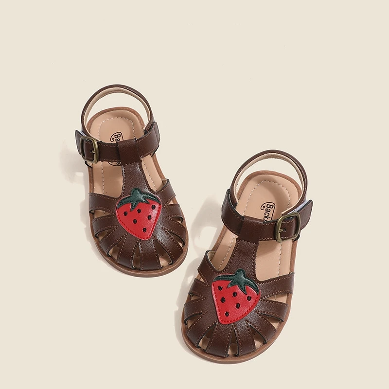 Summer Baby Girls Sandals Genuine Leather Cartoon Strawberry Children\'s Beach Sandals Cowhide Non-slip Sole Kids Shoes