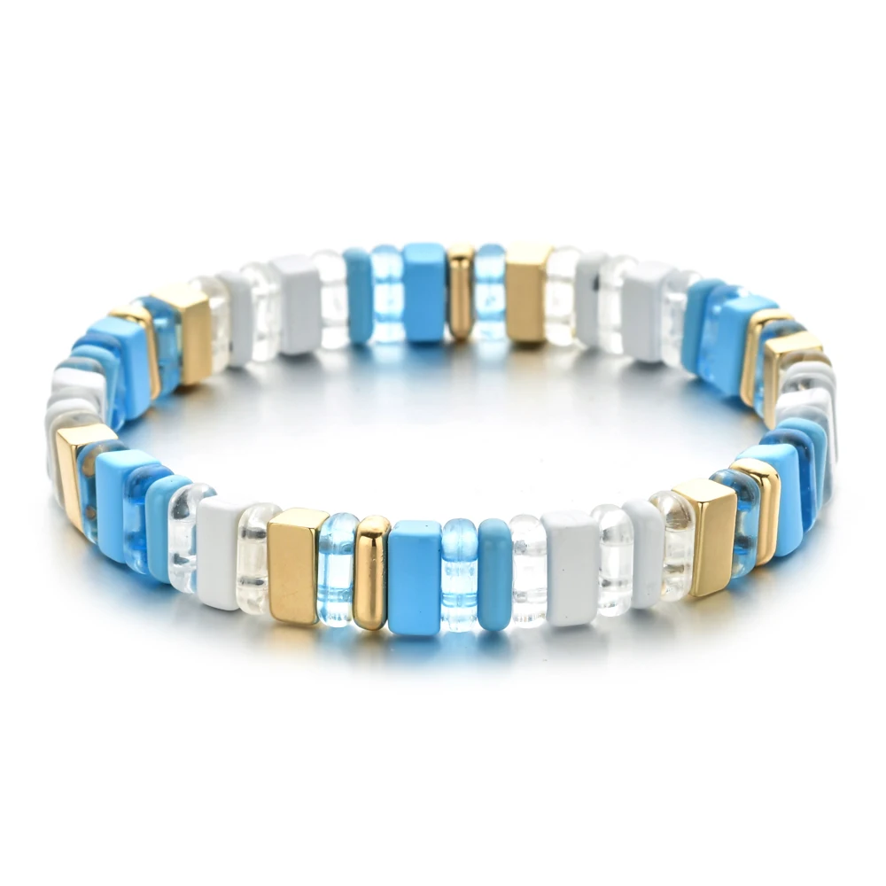 Elegant Fashion Boho Style Enamel Geometric Beads Stretch Rainbow Lucky Women\'s Bracelet Bangle DIY Beaded Couple Jewelry