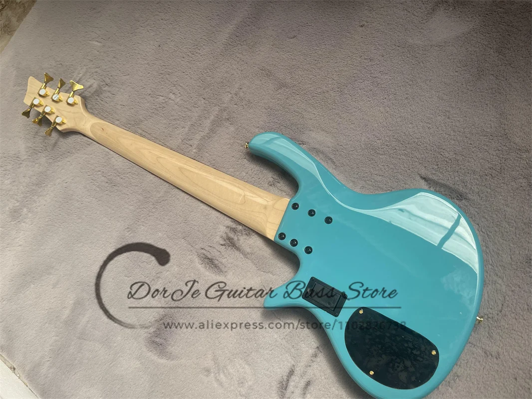 6 strings bass guitar ash wood body Maple Neck white shell inlaid with Golden Bridge active battery case blue and green bass