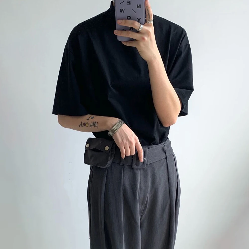 Casual Half Turtleneck Loose Short-Sleeved T-Shirt Unisex 2025 Summer New Style Fashion High-End Trend Solid Color Y2k Tops Men