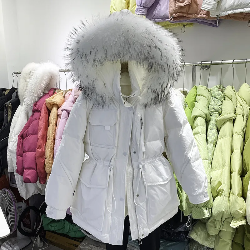 Abrigo con capucha de piel de mapache Real para mujer, chaqueta de plumón de pato 2023, Parkas cortas impermeables, novedad de 90%