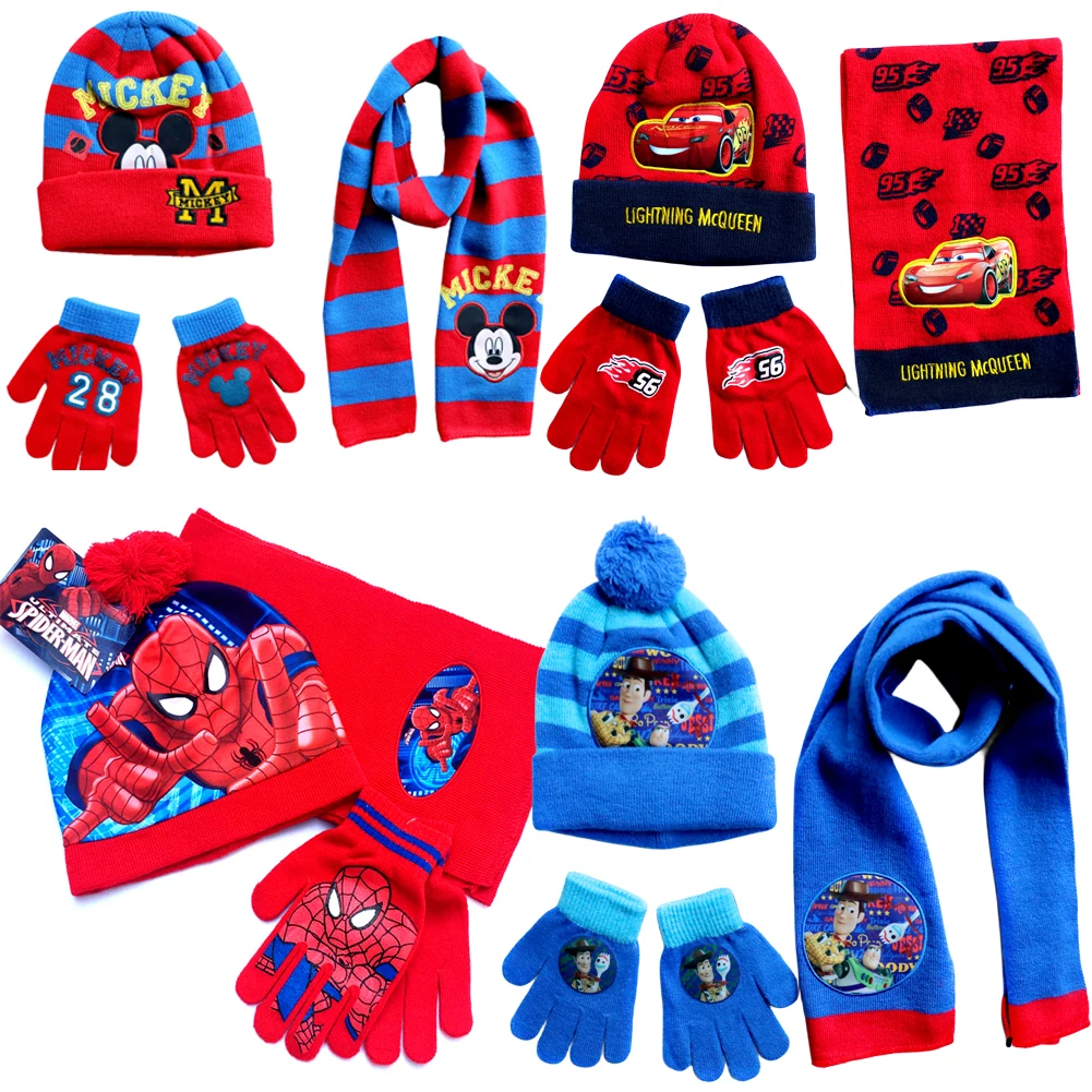 New Autumn Winter Children Hat Mickey Spider Man Cartoon Woolen glove Scarf Hat 3pcs Warmth Boy Girl Child christmas Pompon Cap