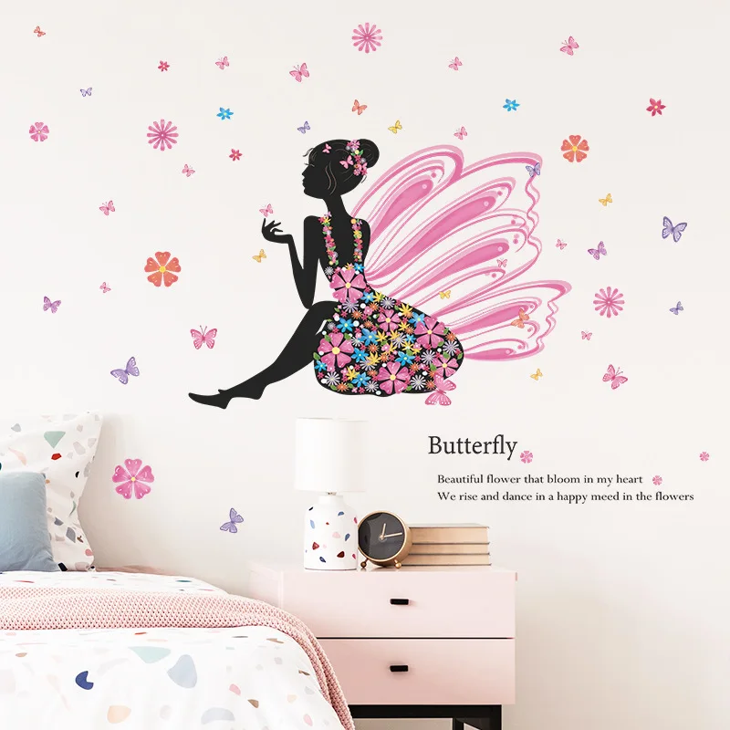 Cartoon Wall Decoration Sticker Butterfly Elf Little Girl Room Decor Stickers Home Bathroom Accessories Self-Adhesive Wallpaper