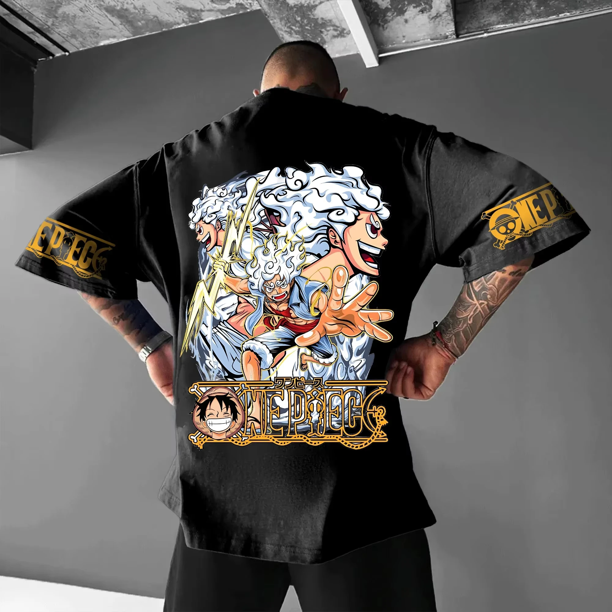 Luffy Nika Gear 5 camiseta de verano Harajuku de una pieza para hombre, ropa de calle Vintage de algodón para Fitness, pantalón corto informal de gran tamaño para mujer, mangas