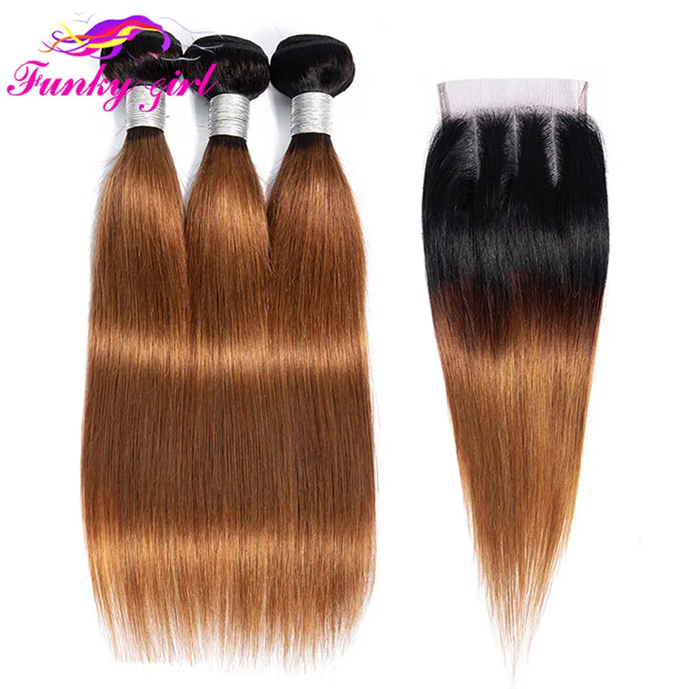 Highlight Bundles With Closure Brazilian Human Hair Ombre Straight Bundle With Frontal 1B/30 Brown Color Remy Hair Weave Bundles