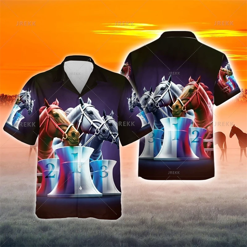 Vintage 3D American West Cowboy masculino impressão camisas havaianas, moda Streetwear, HorseRacing Lapel Blusa Tops