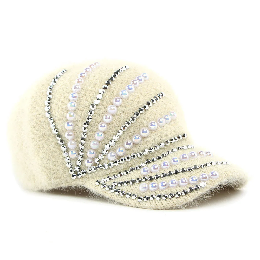 Simple Solid Color Warm Baseball Cap Inlaid with Diamond Pearl Decoration Baseball Cap Dot Pearl Diamond Knitted Handmade Hat