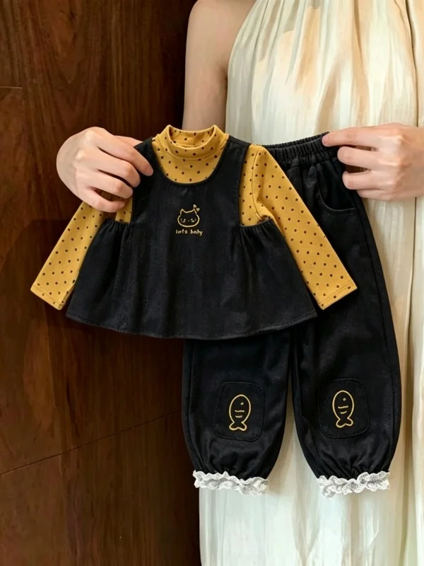 Fashionable Polka Dot  Design Baby Girl's Three-Piece Set Autumn 2026 New Arrival Base Shirt Pants Outfit for Little Girls
