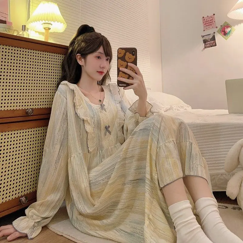

Large Size Long-sleeved Nightgown for Women in Spring Autumn Korean Style Cute Princess Style Loose Long Home Clothes Pajamas