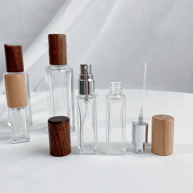 5/10/20/30ml Portable Glass Spray Bottle Beech Lid Perfume Bottle Walnut Cover Empty Bottle Sample Vial Cosmetic Container