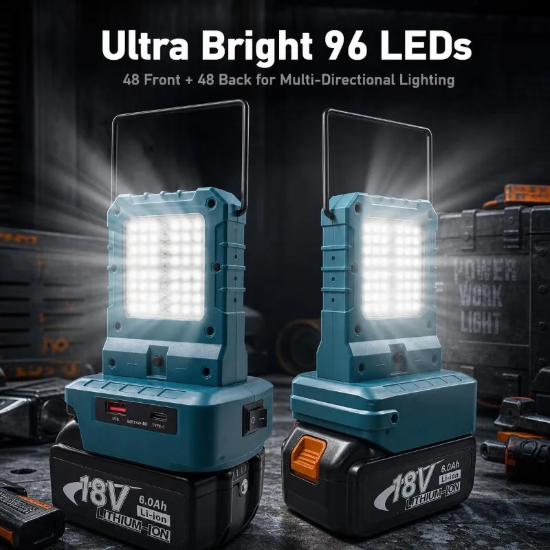 Cordless LED Work Light  For Dewalt/Milwaukee/Makita18V-20V Battery with USB/Type-C Output Double-sided LED outdoor lighting