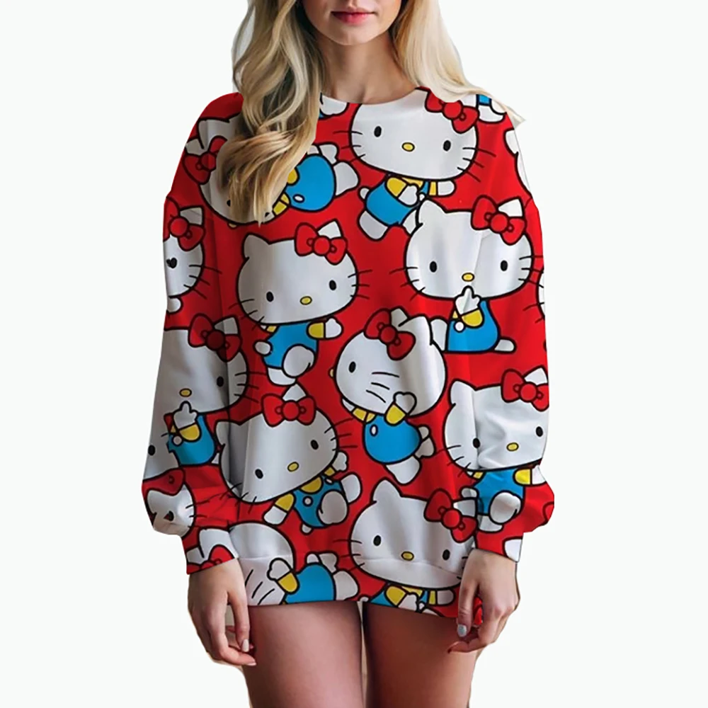 Hello Kitty Women\'s Autumn/Winter Sweet Cute Women\'s Cartoon Loose Round Neck Korean Y2k Girls\' Fashion Versatile Top