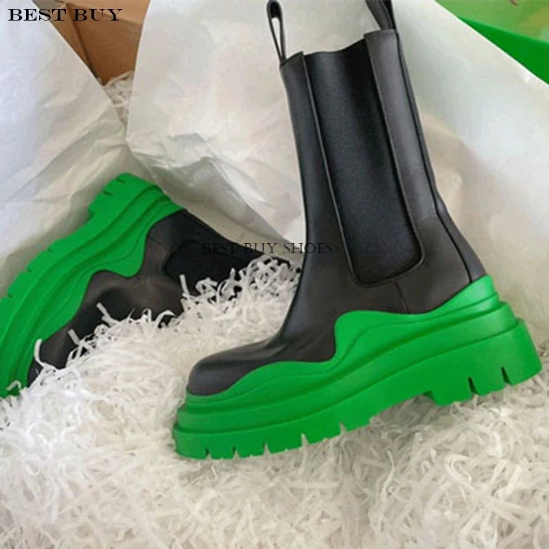 

Hot Luxury Platform Shoes Thick Sole Chelsea Boots Women Flats Mid Calf Knight Boots Female Casual Motorcycle Boots Botas Mujer