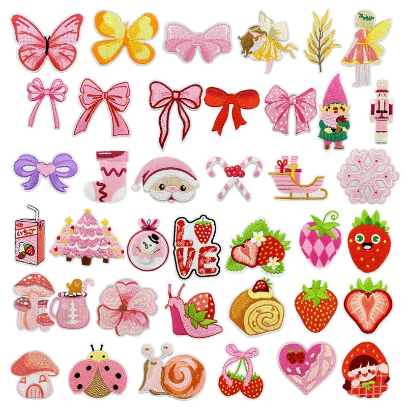 Pink Strawberry Series Iron on Patch Girl Badge Snail Ladybug Mushroom Personality Sewing Jacket Patches for Clothing