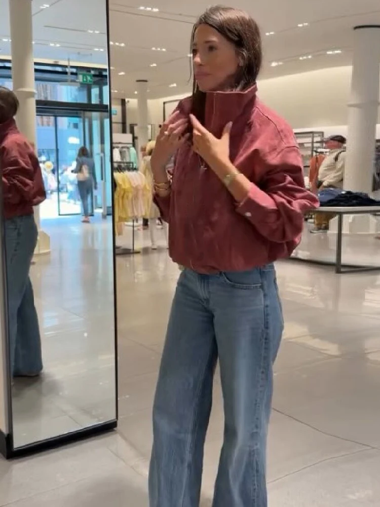 Vintage Kurze Stehkragen-Reißverschlussjacke für Damen, Langarm, Vordertaschen, Elastischer Saum, Lose Passform, Frühling/Herbst Streetwear Oberbekleidung – Detail 8