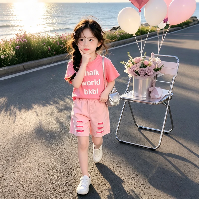 Girls' Summer 2-Piece Set Letter Print Tee + Color-Block Ripped Denim Shorts Kids Casual Streetwear Outfit 6-16Y