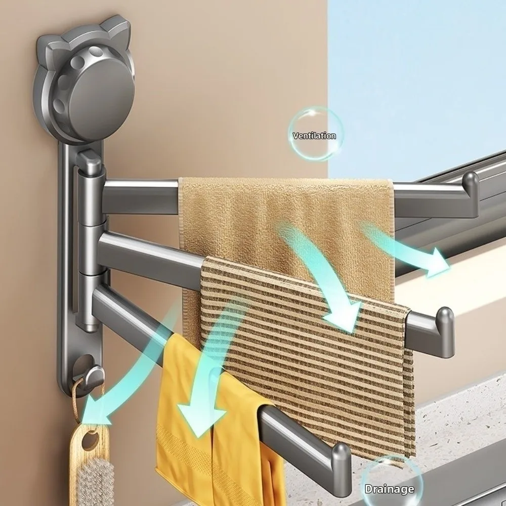 Suction Cup Rotating Towel Rack 180° Rotatable Multi-Rod Dishcloth Draining Rack Wall Mount No Drill Swivel Toilet Towel Rod