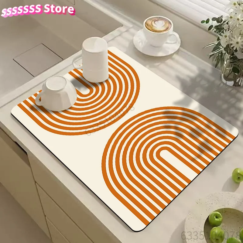 Dish Drying Mat, Minimalist Geometric Pattern Drip Mat, Premium Coffee Machine Mat, Kitchen Tabletop Accessory, Fashion Print Dr