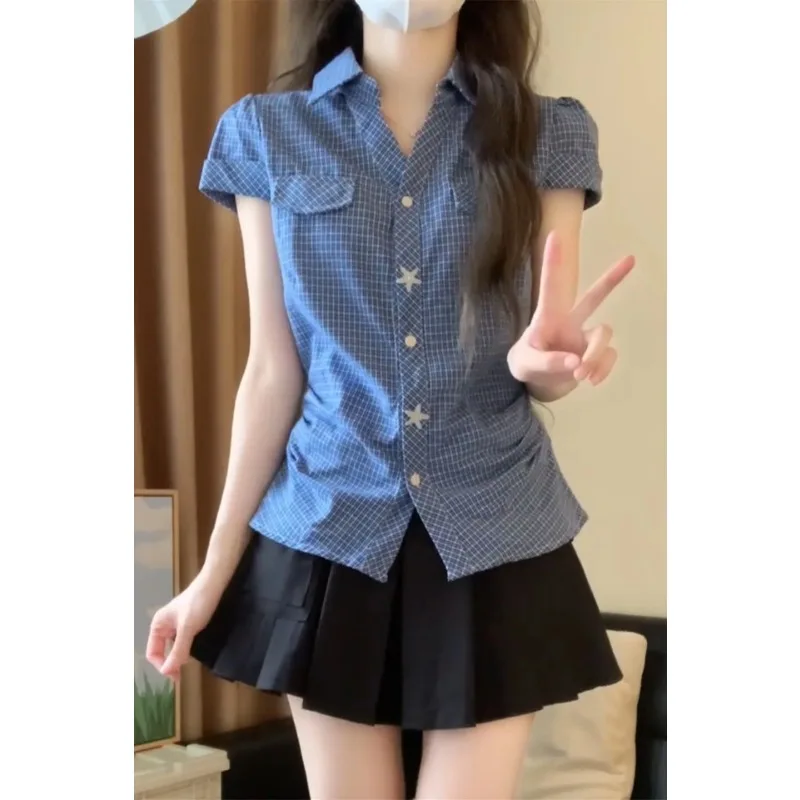

Women Blue Plaid Shoulder Fitted Waist Short Sleeve Shirt Slim Short Casual Summer Blouse