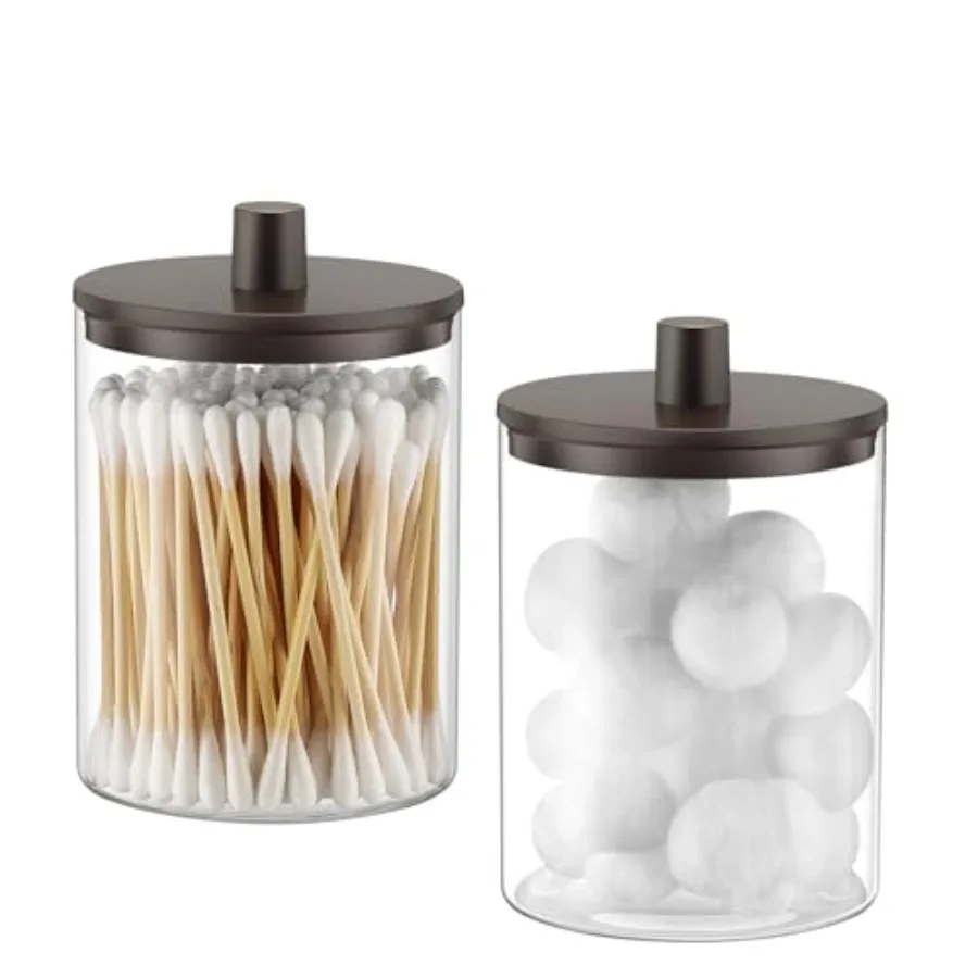 

Glass Qtip Holder Dispenser for Bathroom - 10 oz Clear Canister Apothecary Jar for Cotton Swabs, Balls, Pads, Floss Picks, Smal