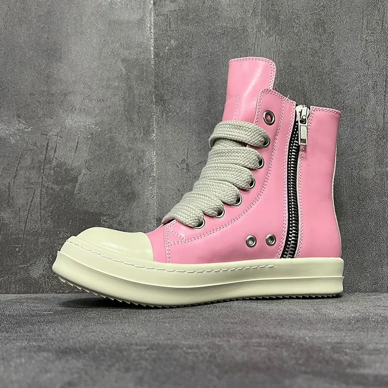 

Men High Top Shoes Women Casual Platform Sneakers Leather Luxury Jumbo Lace Up Zip Autumn Pink Red Orange Boots
