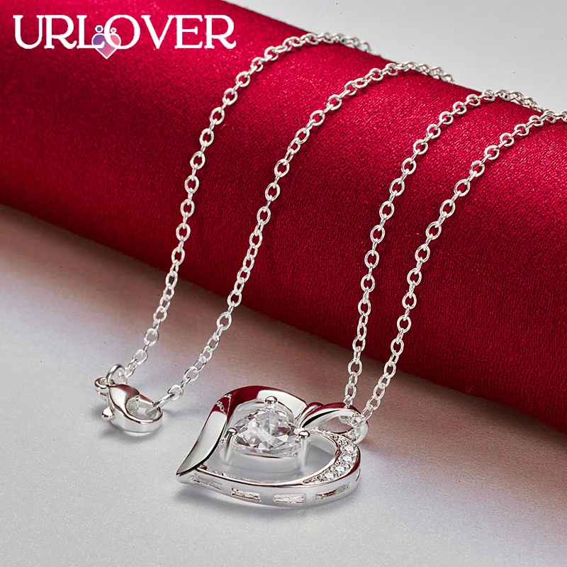 URLOVER 925 Sterling Silver Necklace For Woman Heart Zircon Crystal Pendant Necklaces Fashion Party Wedding Birthday Jewelry