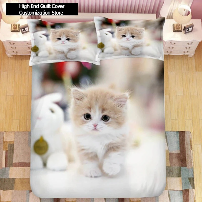 Super Cute Kitten Boys Bedding Set Kawaii Girl Quilt Cove King Queen Size Cat Animal 2/3pcs Polyester Duvet Cover (No Sheet)