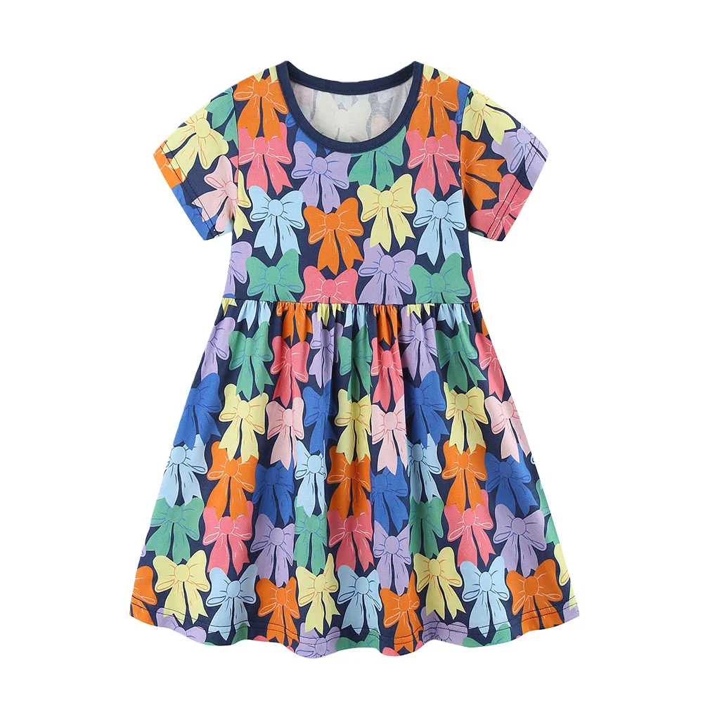 

2-7T Jumping Meters Colorful Bows Printed Summer Princess Dresses Girls Party Short Sleeve Children's Frocks Toddler Clothes