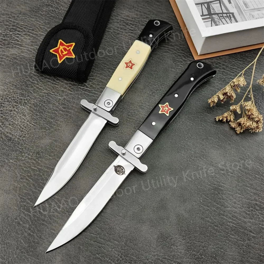 Folding Knife Russain Finka NKVD KGB 440C Blade ABS Handle Nylon Sheath Pocketknife Outdoor Military Survival Adventure Tools