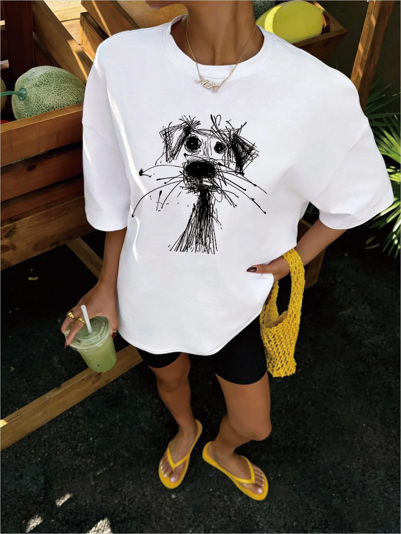 Two-Piece Set Including Hand-Drawn Graffiti Dog Print Oversized T-Shirt and Cycling Shorts - view 4