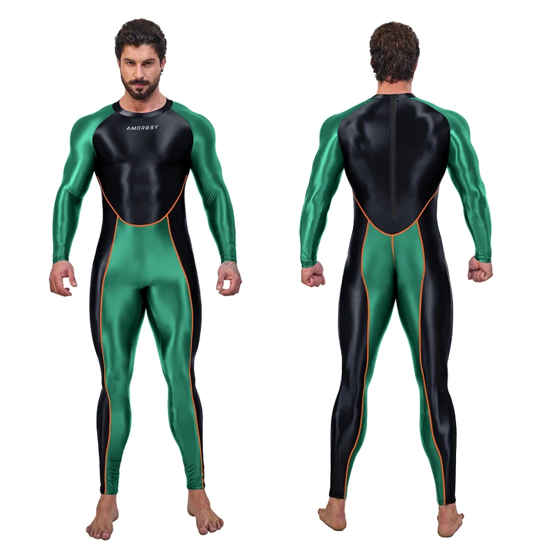 AMORESY Sexy men's gloss sports tights Shiny Bodysuit Cosplay Catsuit Jumpsuits Stretch Bodystocking Zentai Suit yoga clothes