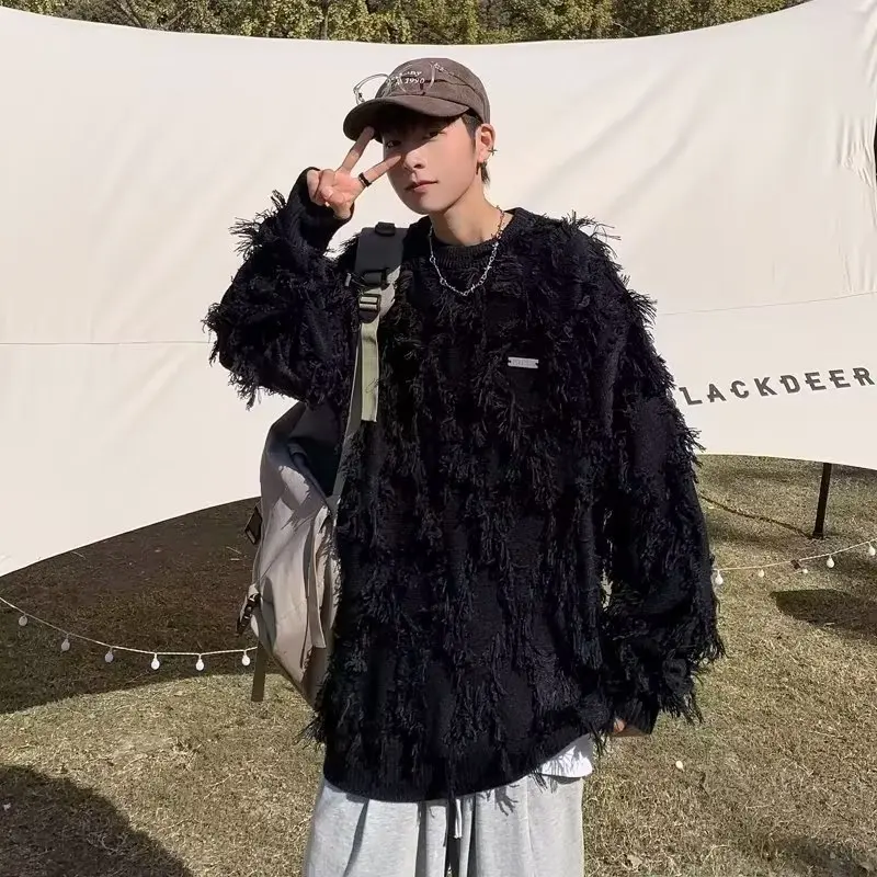 

Korean Sle Thiened Knitted Sweater for Men Autumn Winter Large Size Faionable Tassel Design Color Loose Fit Sweater