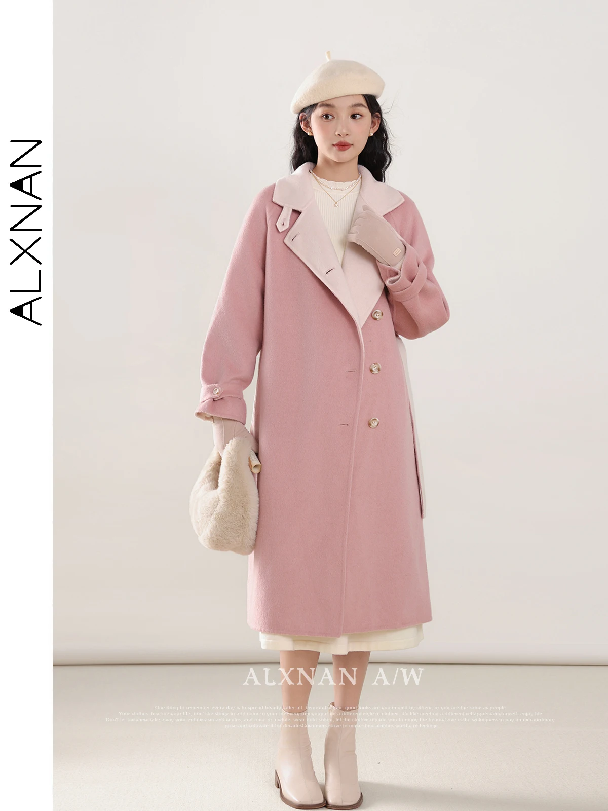

ALXNAN Autumn Winter Pink Woolen Coat for Women 2024 Sweet Single Breasted Straight Long Sleeve Warm Overcoats Female LXN32018