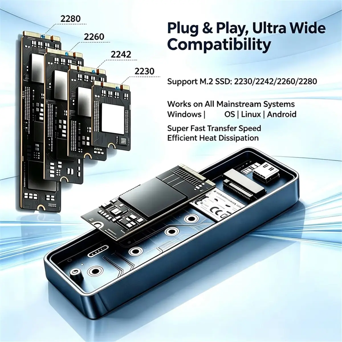 M.2 SSD Enclosure with Smart Display,Real-Time SSD Health Monitor, Type-C3.2 Gen 2 10Gbps, NVMe PCI-E & SATA