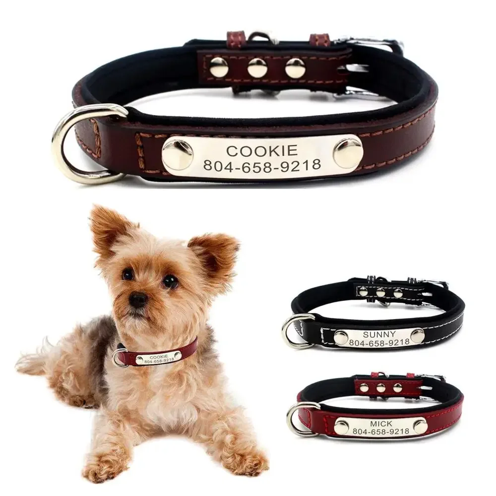 

Personalized Dog Collar Custom Puppy Cat Name ID Tag Real Leather Adjustable Basic Collars Leads Learsh Set Pet Accessory