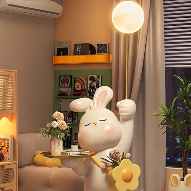 Cream White Rabbit Resin Floor Lamps Creative Cartoon Ornament Living Room Bedroom Study Interior Decorative LED Standing Lights