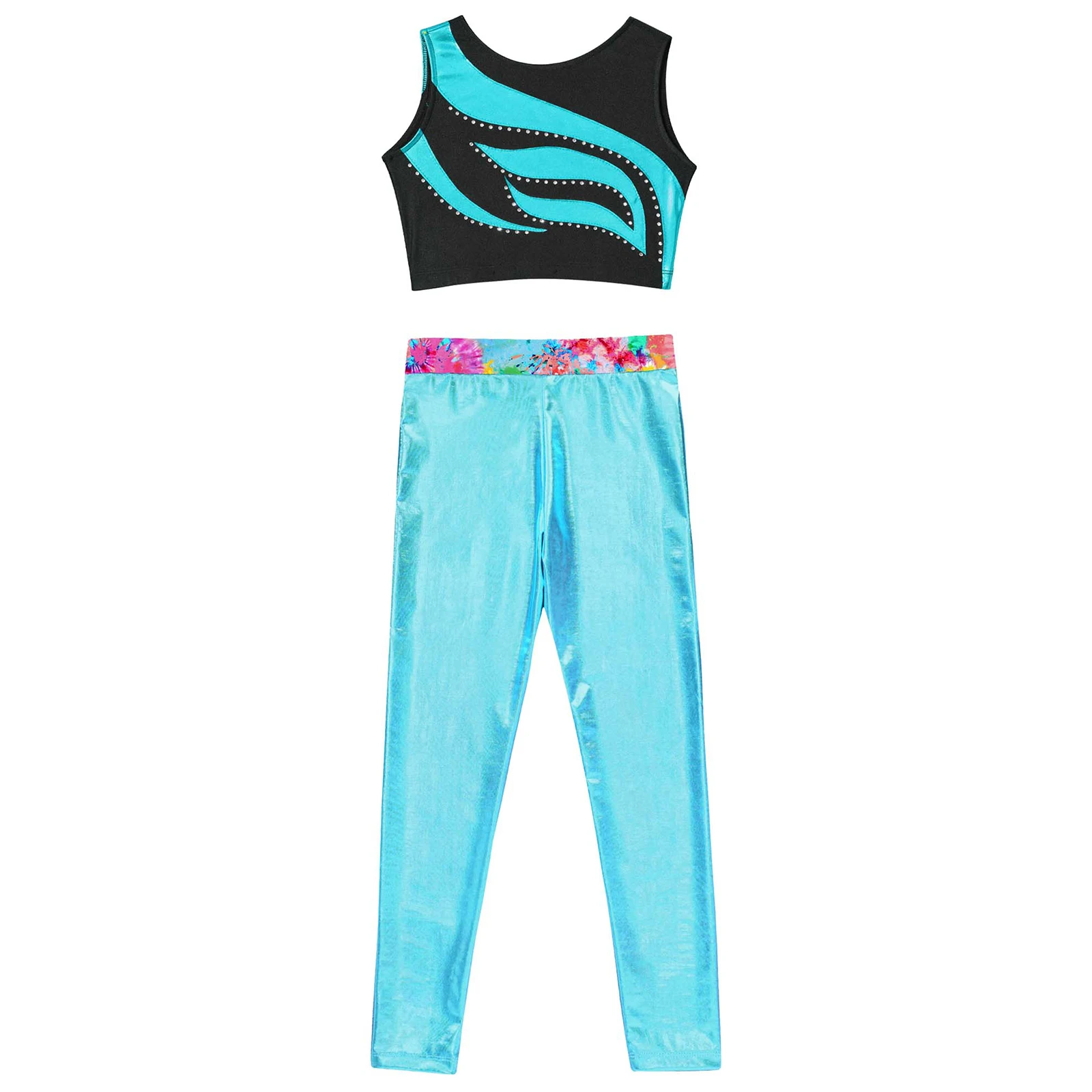 Bambini ragazze Yoga ginnastica Costume da ballo abbigliamento sportivo senza maniche strass lucidi Patchwork Crop Top gilet + pantaloni Leggings metallici