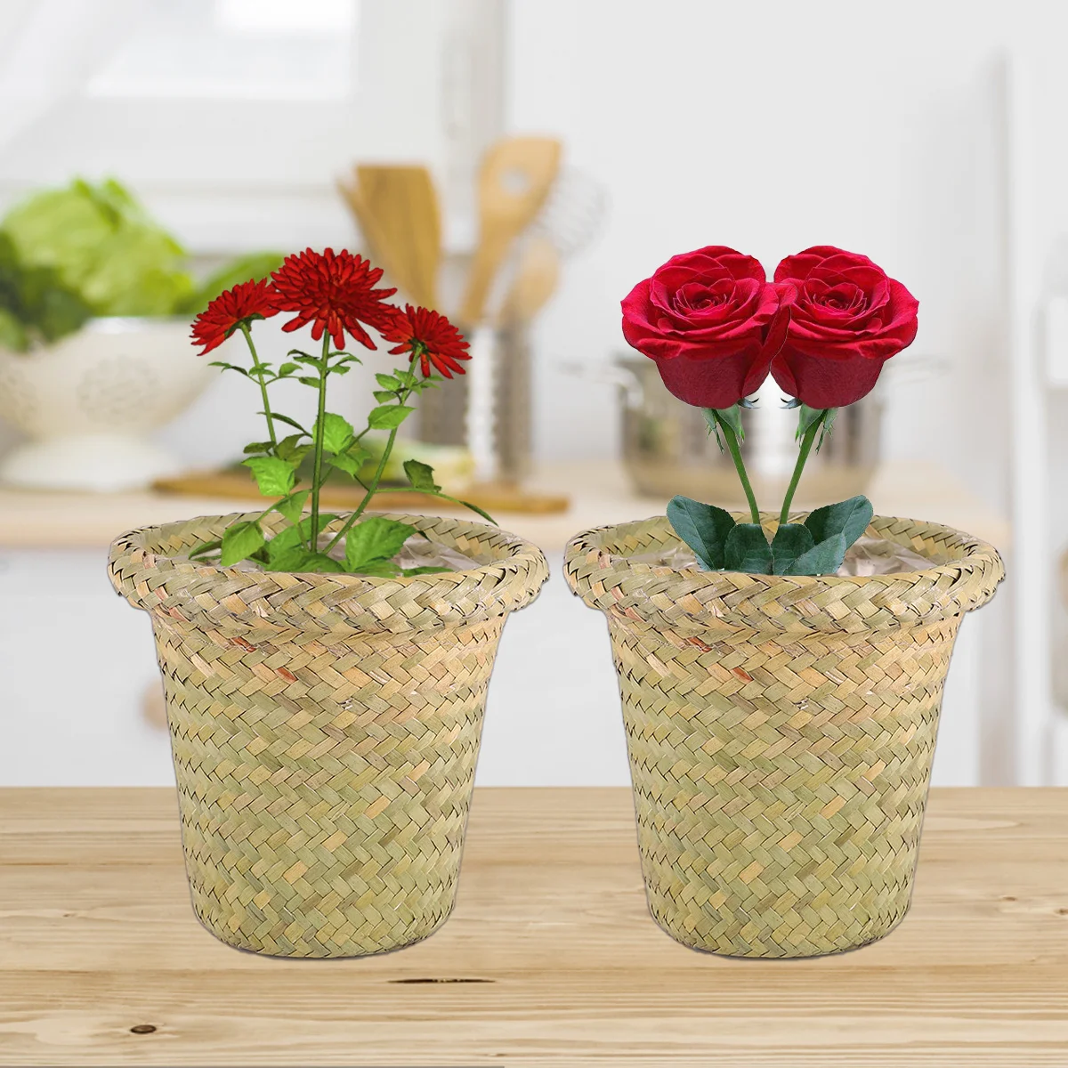 

2Pcs Wicker Woven Flower Basket Khaki Brown Durable Storage Organizer Succulents Gardening Pot Desk Decoration