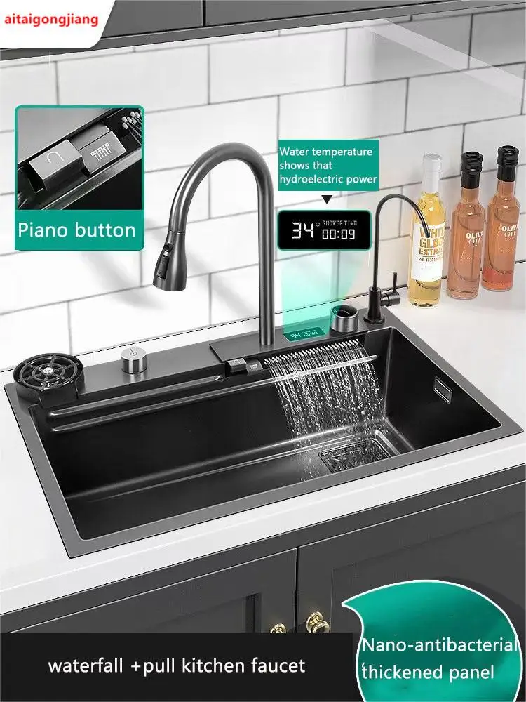 

Digital Display Kitchen Sink Nano Stainless Steel Black Basin Pull-out Faucet Cup Washer Piano Keyboard Clean