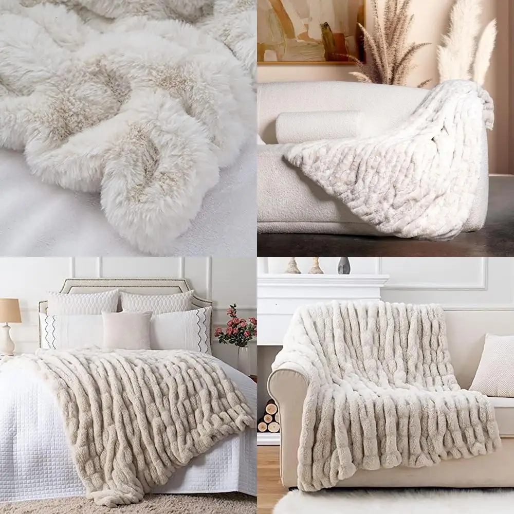 

Elegant Ruched Faux Rabbit Fur Throw, 50x60, Machine Washable, Lightweight Beige Blanket for Sofa, Couch, and Bed