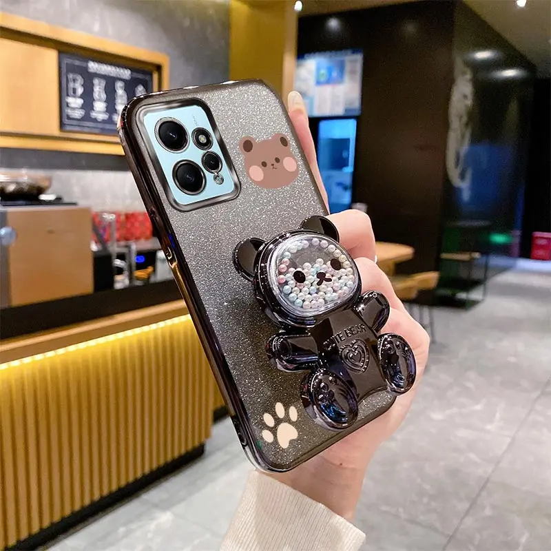 Note13 Glitter Bling Bear Phone Holder Case For Xiaomi Redmi Note 13 12 12S Turbo Pro Plus Redmi 12 12C 13C A1 4G 5G Stand Cover image 3