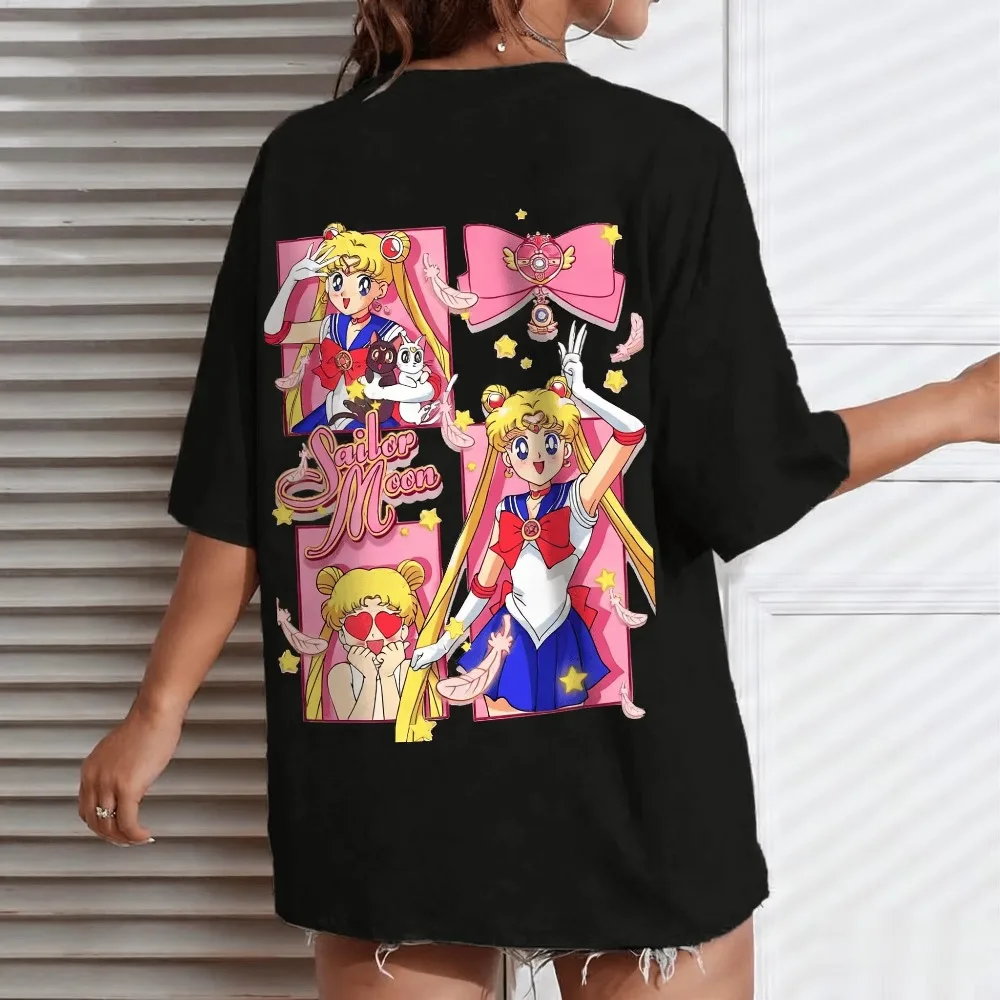 MINISO Sailor Moon Anime Koszulka Męska Damska Casual Krótki Rękaw Nadruk z Postaciami z Kreskówek Nowa Letnia Luźna Odzież Uliczna Harajuku Tee Y2k