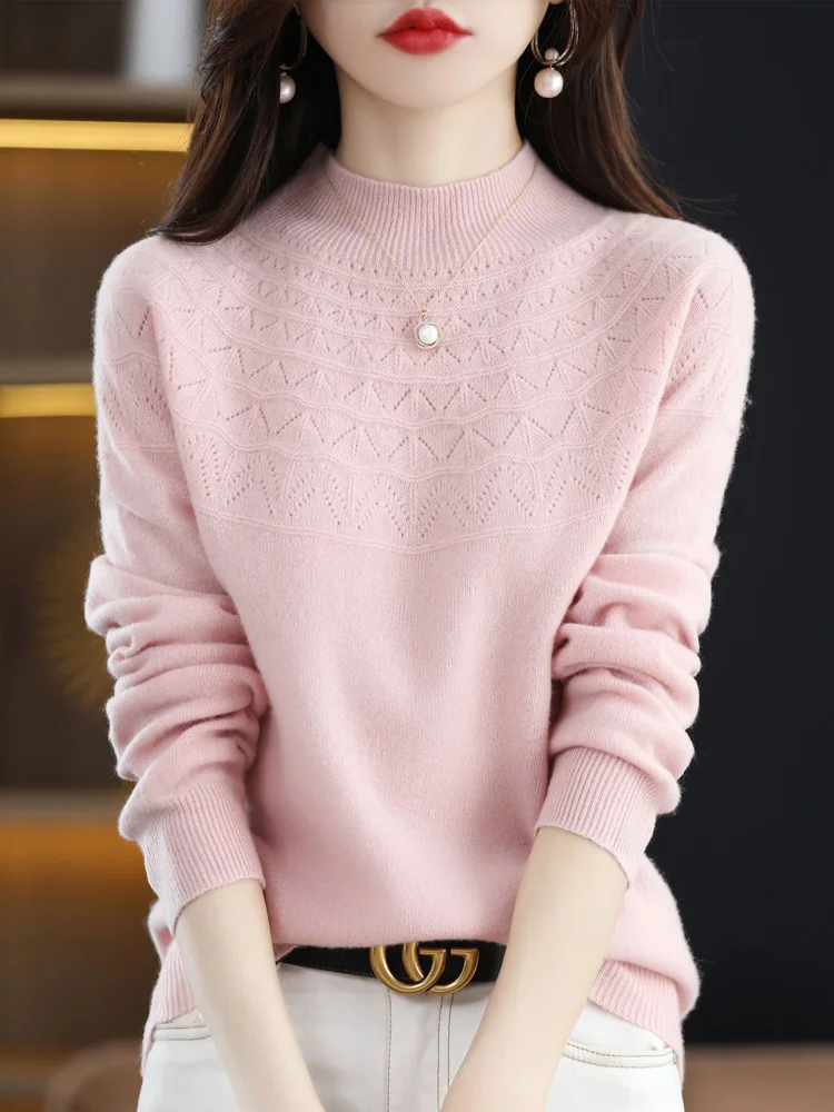 Women Long Sleeve Pullover Autumn Winter 100% Merino Wool Hollow Mock Neck Cashmere Knitted Pullover Female Clothing Basic Tops