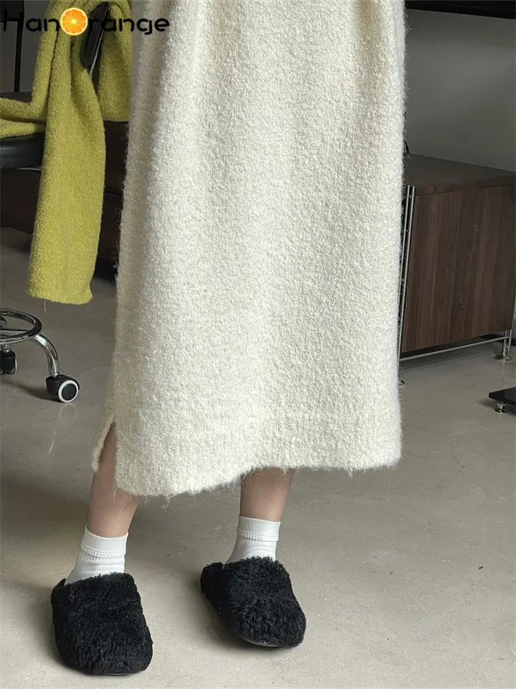 HanOrange 2024 Winter Lazy Wool Loop Yarn Sweater Dress Warm Soft Waxy Midi Dress Off White/Yellow Green