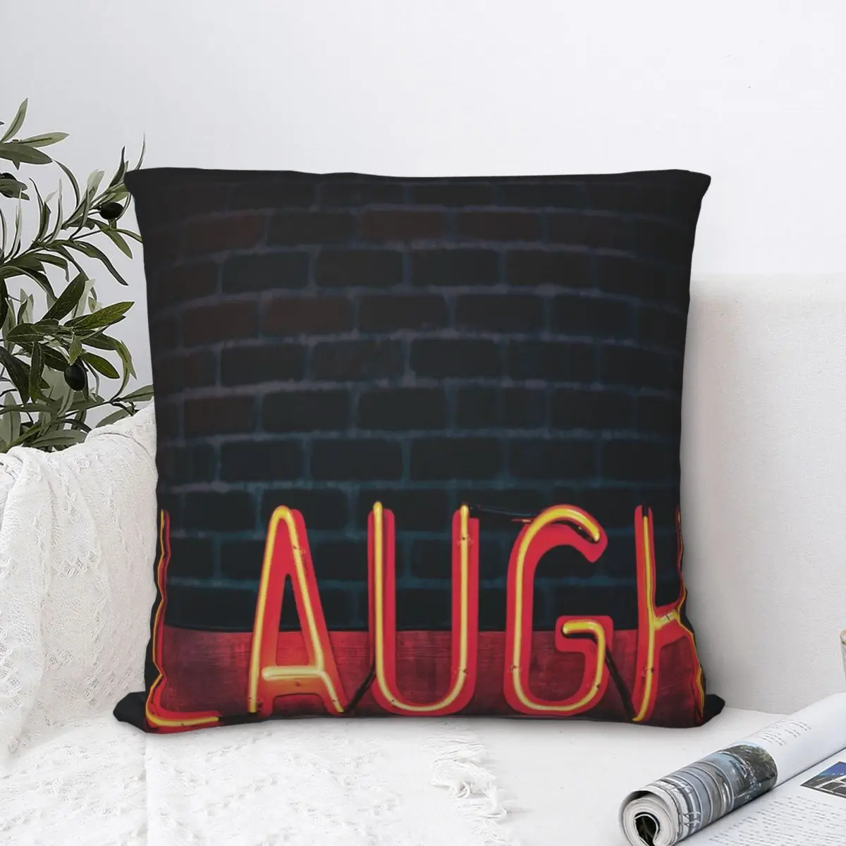 Laugh Neon-light Signage Turned On Square Pillowcase Polyester Pillow Cover Velvet Cushion Zip Decorative Comfort Throw Pillow