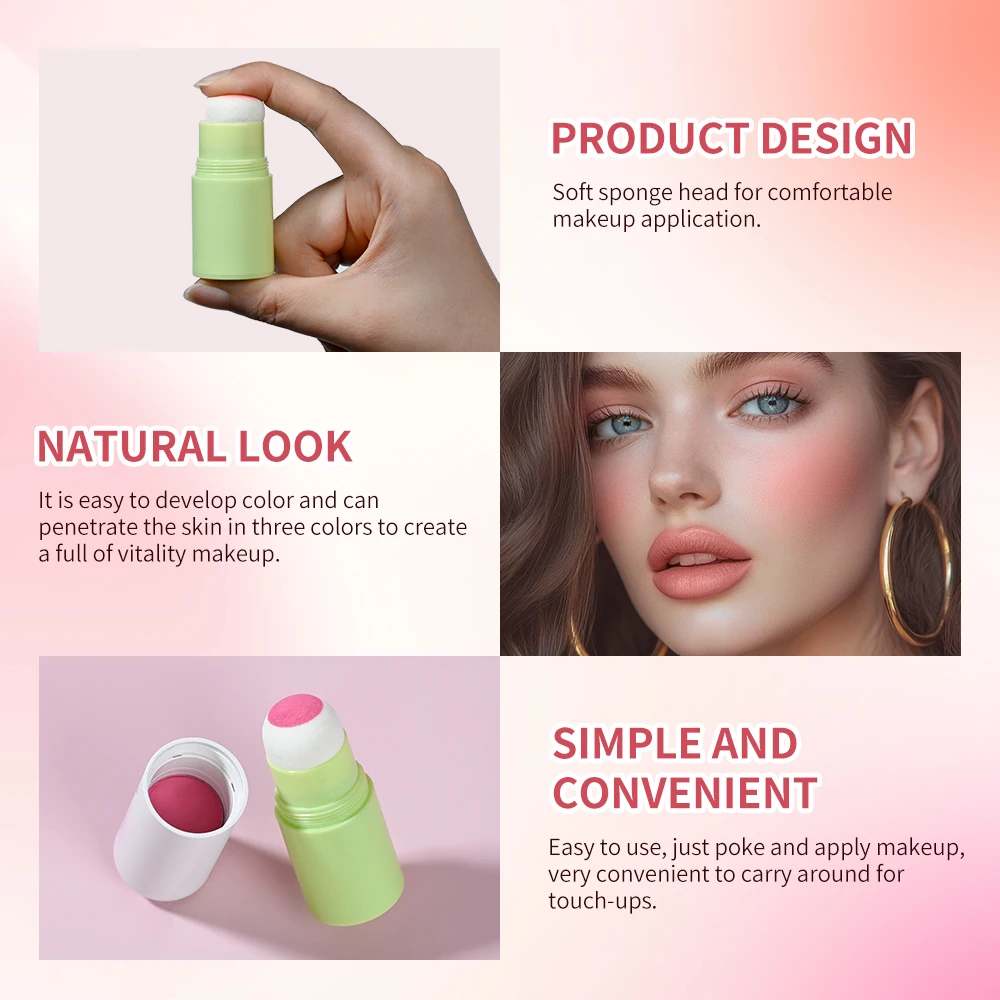 Soft Face Blush Stick Waterproof Multi-Use Fine Lightning Blush Makeup 3 Colors Blusher Powder Cheek Tint Korean Cosmetics