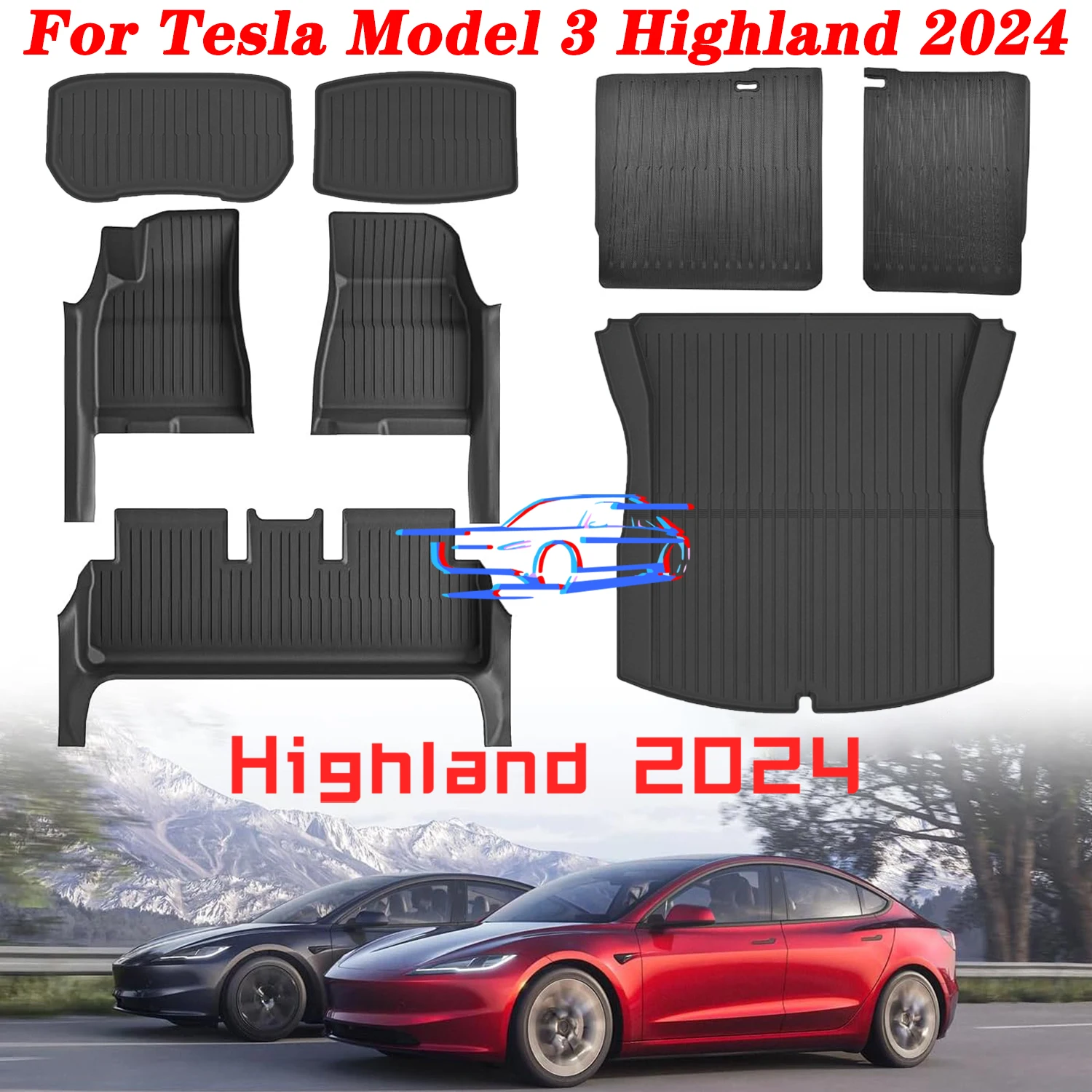 

For Tesla Model 3 Highland 2024 TPE Full Cover Floor Mats With Door Sill Protector, Full Set Floor Liners Cargo Liner Seat Back