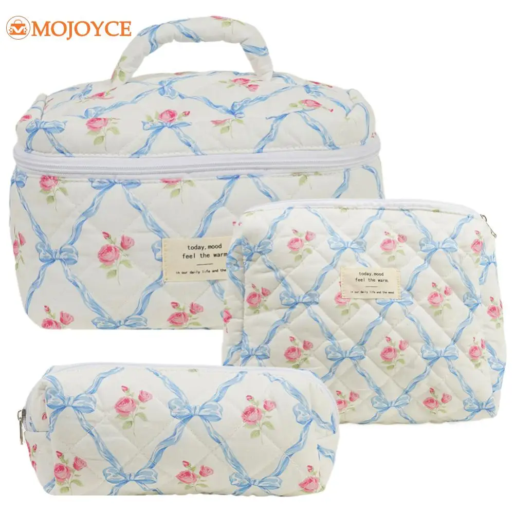 3pcs Quilted Makeup Bag Floral Aesthetic Handbag Large Capacity Storage Bag Women Cotton Cosmetic Pouch Travel Toiletry Wash Bag