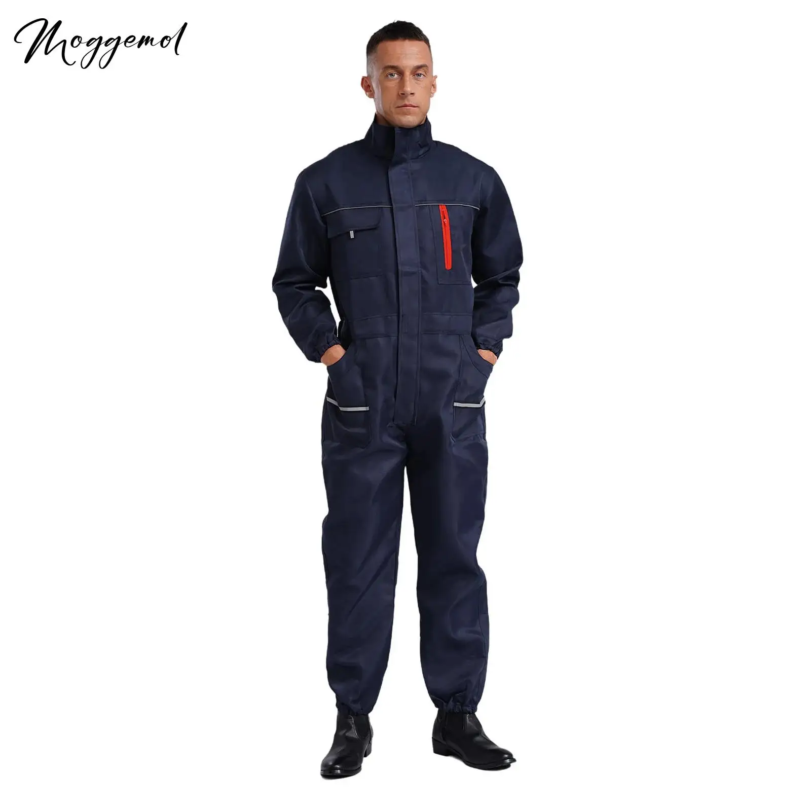 Unisex Adults Mens Coveralls Stand Collar Long Sleeve Overall Multi-pockets Reflective Stripes Mechanic Jumpsuit Work Uniforms